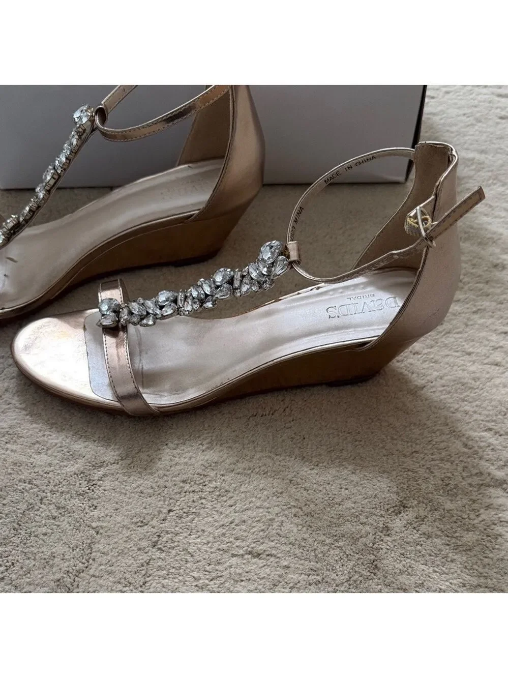 David’s Bridal Mina Rose Gold Elegant Women's wedge Sandals w/Crystals Detail